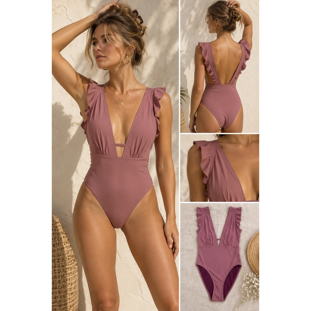 Beth Richards Mauve Ruffle Deep V One Piece Swimsuit Size L Made in Canada